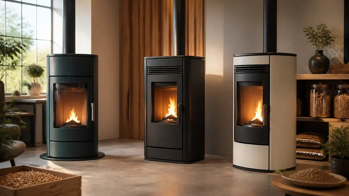 Tre pilleovne med forskellige former i et varmt showroom