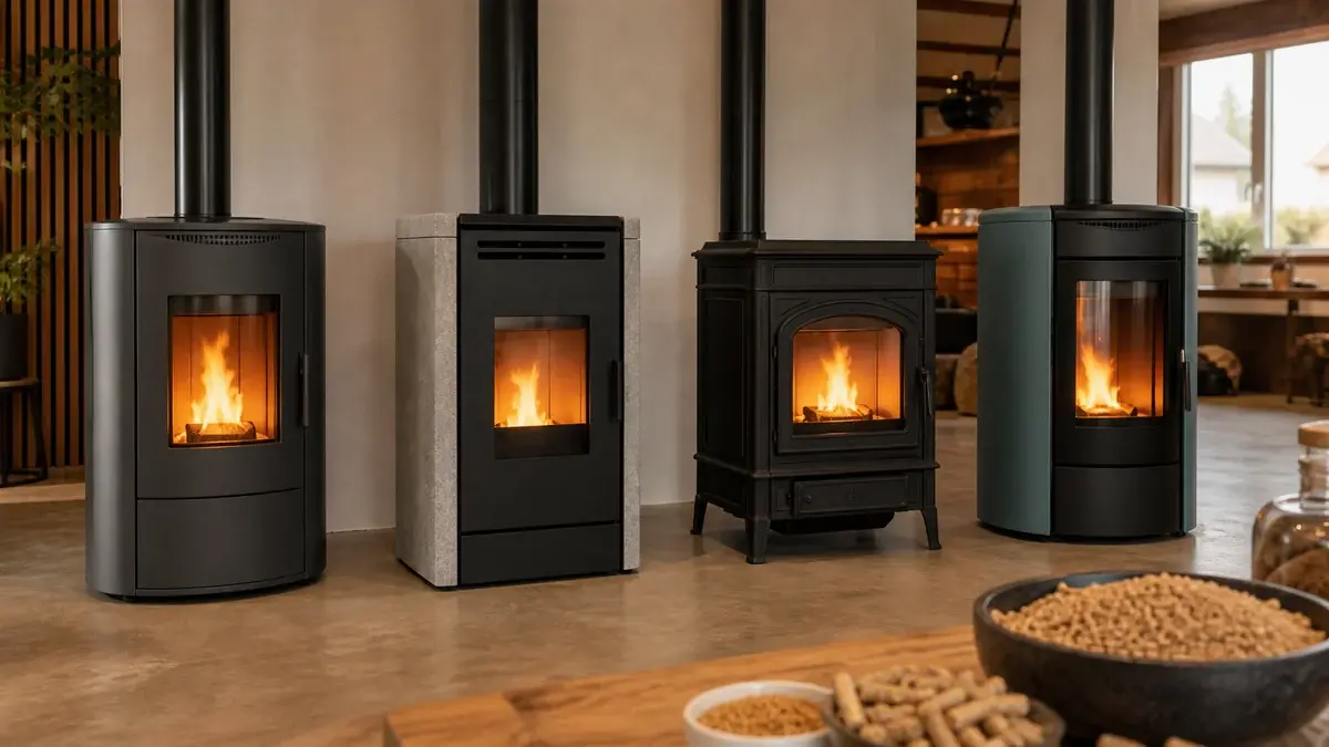 Fire pilleovne med forskellige design i et showroom